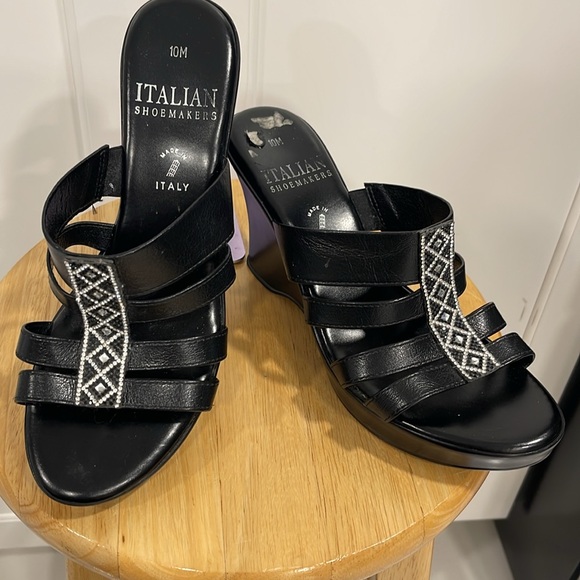 ITALIAN SHOEMAKERS BLING WEDGE EMBELLISHED JEWELS OPEN-TOE 10M BLACK SANDAL - Picture 3 of 8